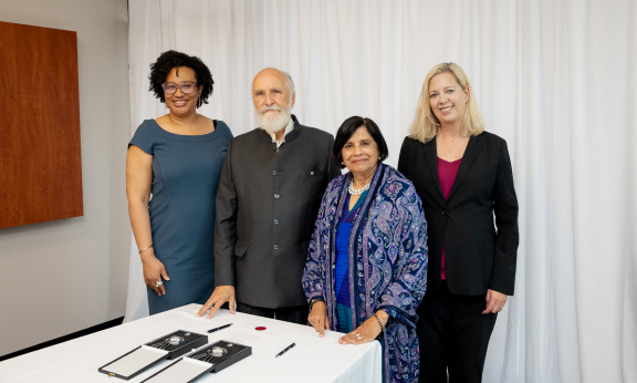 From left to right: Natasha Knox (Board Vice Chair), Arran Stephens (Honorary Fellow), Ratana Stephens (Honorary Fellow), Kathy Denton (President and CEO)