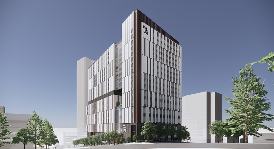 Exterior view of proposed building at 808 Royal Ave. from Eighth Street at Royal Avenue