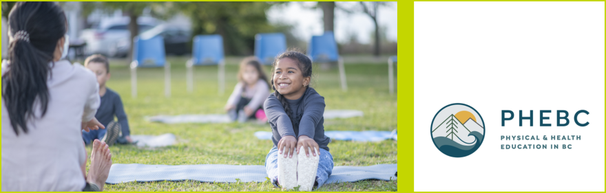 A teacher leading a physical education class outdoors to a group of children on yoga mats
