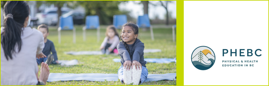 A teacher leading a physical education class outdoors to a group of children on yoga mats 