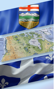Image of British Columbian and Albertan flags around a map of Canada