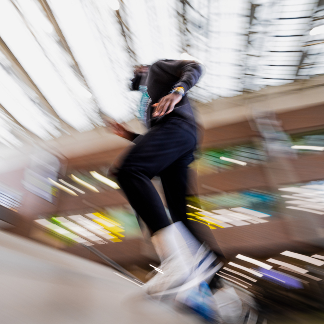 Man running up stairs