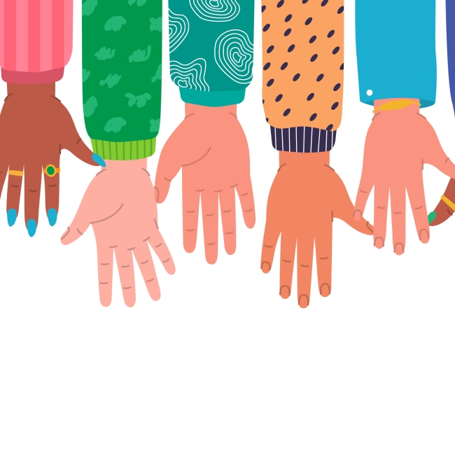 Diverse people holding hands up