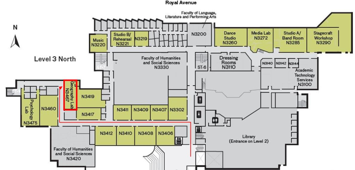 A map to the Geography open lab on the third floor of the New Westminster Campus